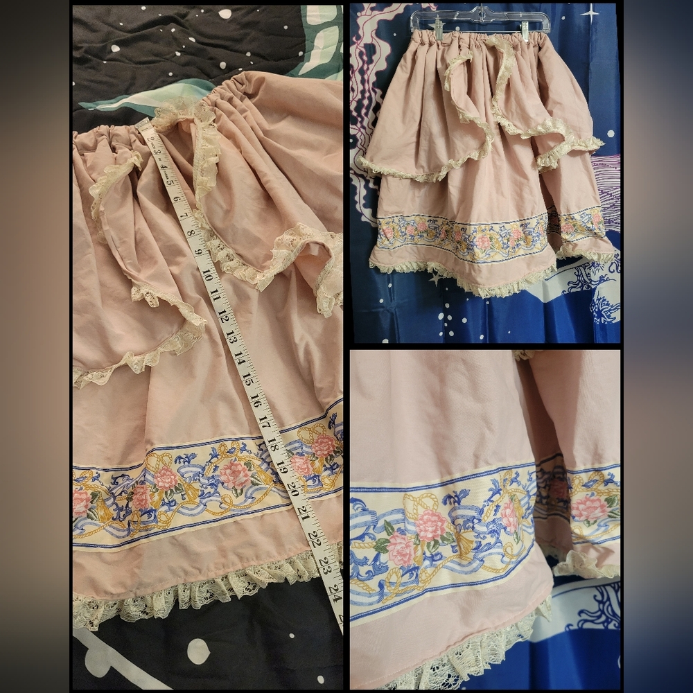 Pastel Sweet Lolita Vintage Floral & Ribbon Print Skirt, Handmade
